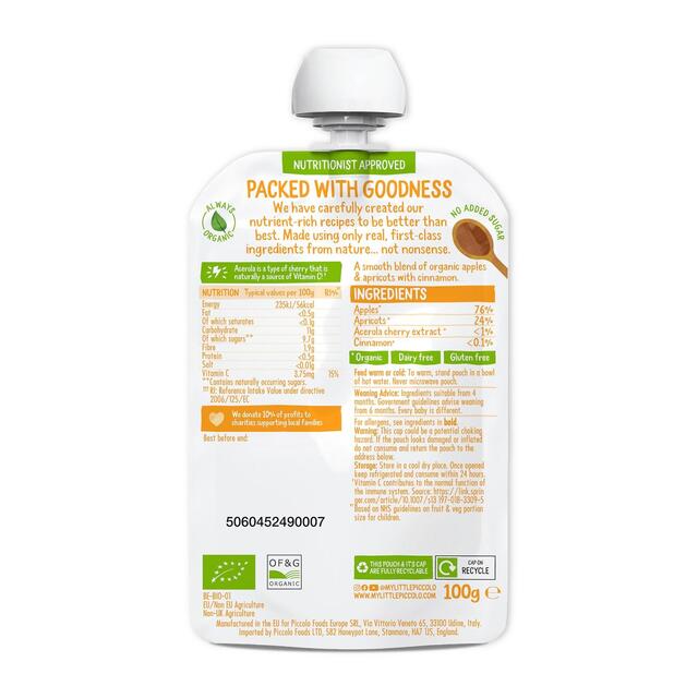 Piccolo Apple & Apricot Organic Pouch, 4 mths+ 100g