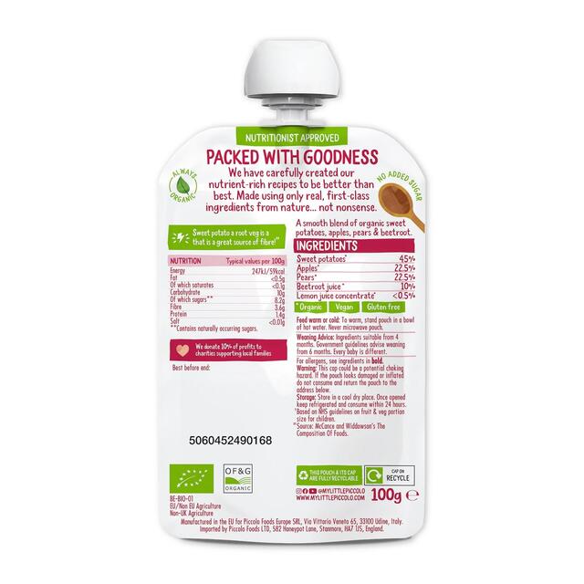 Piccolo Sweet Potato, Apple, Pear & Beetroot Organic Pouch, 4 mths+ 100g