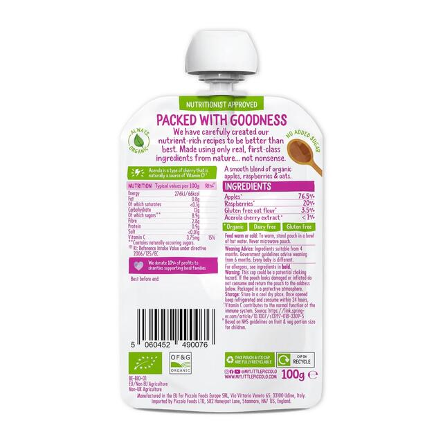 Piccolo Apple & Raspberry Organic Pouch, 6 mths+ 100g