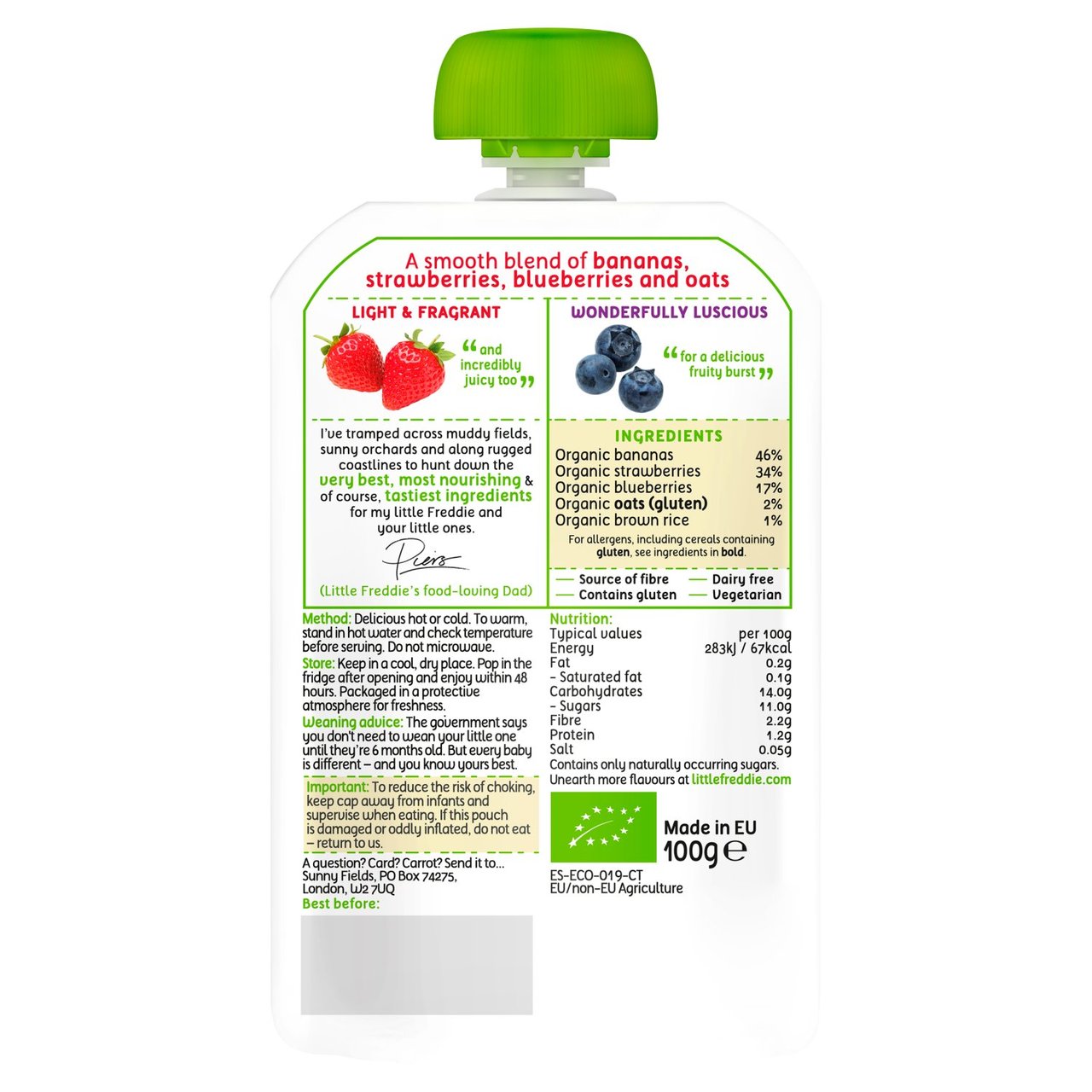 Little Freddie Strawberries, Blueberries & Oats Organic Pouch, 6 mths+ 100g
