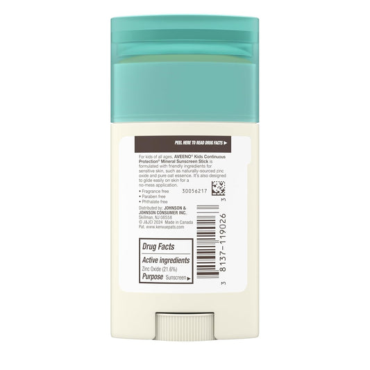 Aveeno Kids Continuous Protection Zinc Oxide Mineral Sunscreen Stick for Sensitive Skin, Face & Body Sunscreen Stick
