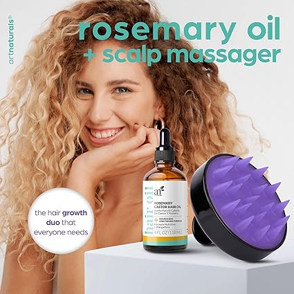 Artnaturals Organic Rosemary Castor Hair Oil + Scalp Massager 118ml ounces with Coconut & Olive Oil for Dry, Damaged & Split End