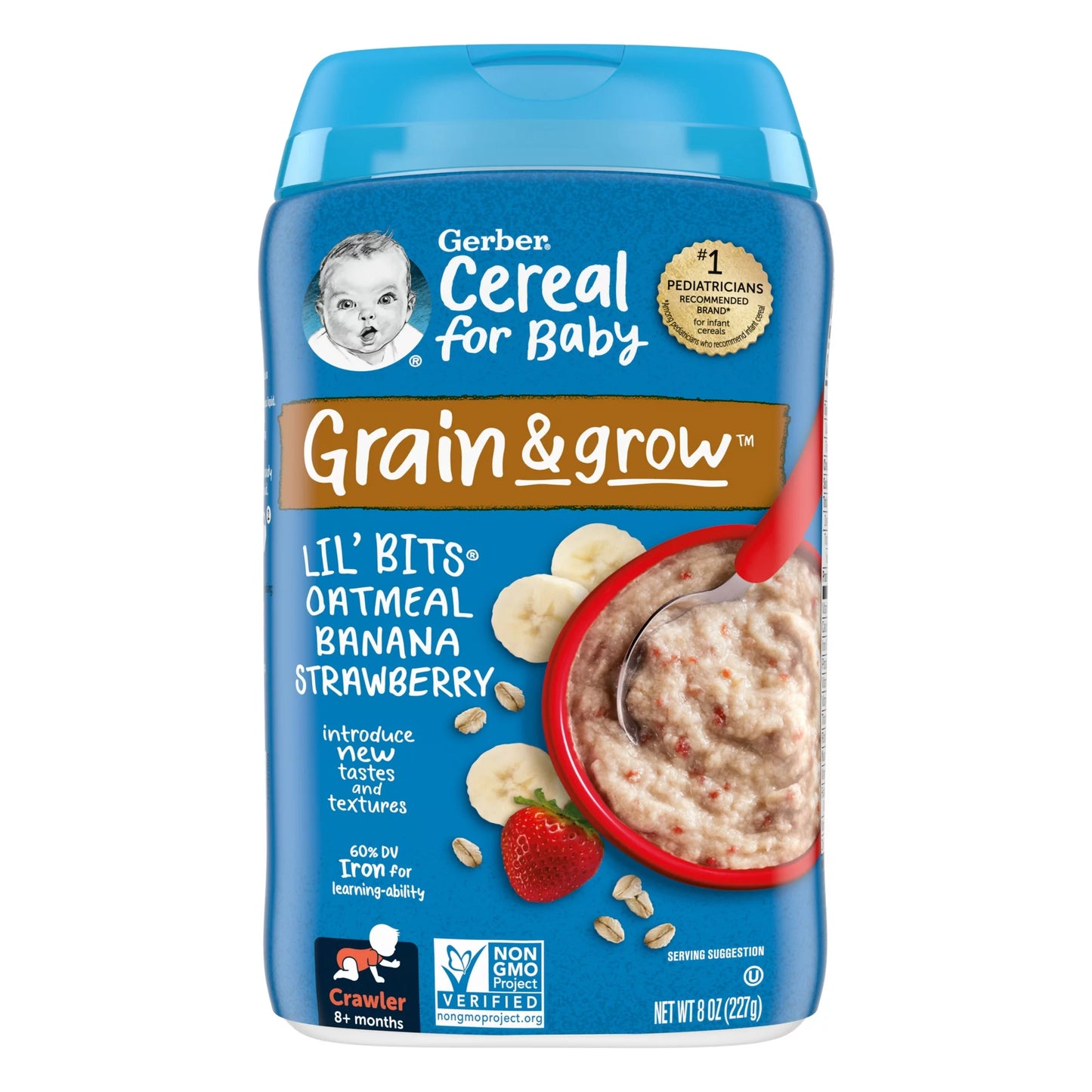 Gerber 3rd Foods Cereal for Baby Grain & Grow Lil' Bits Baby Cereal, Banana Strawberry Oatmeal, 8oz Canister