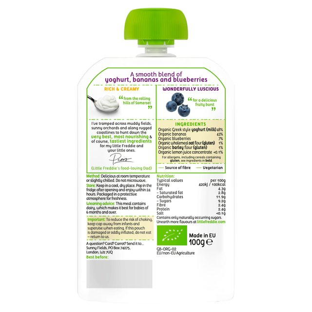 Little Freddie Blueberry & Banana with Greek Yoghurt Organic Pouch, 6 mths+ 100g