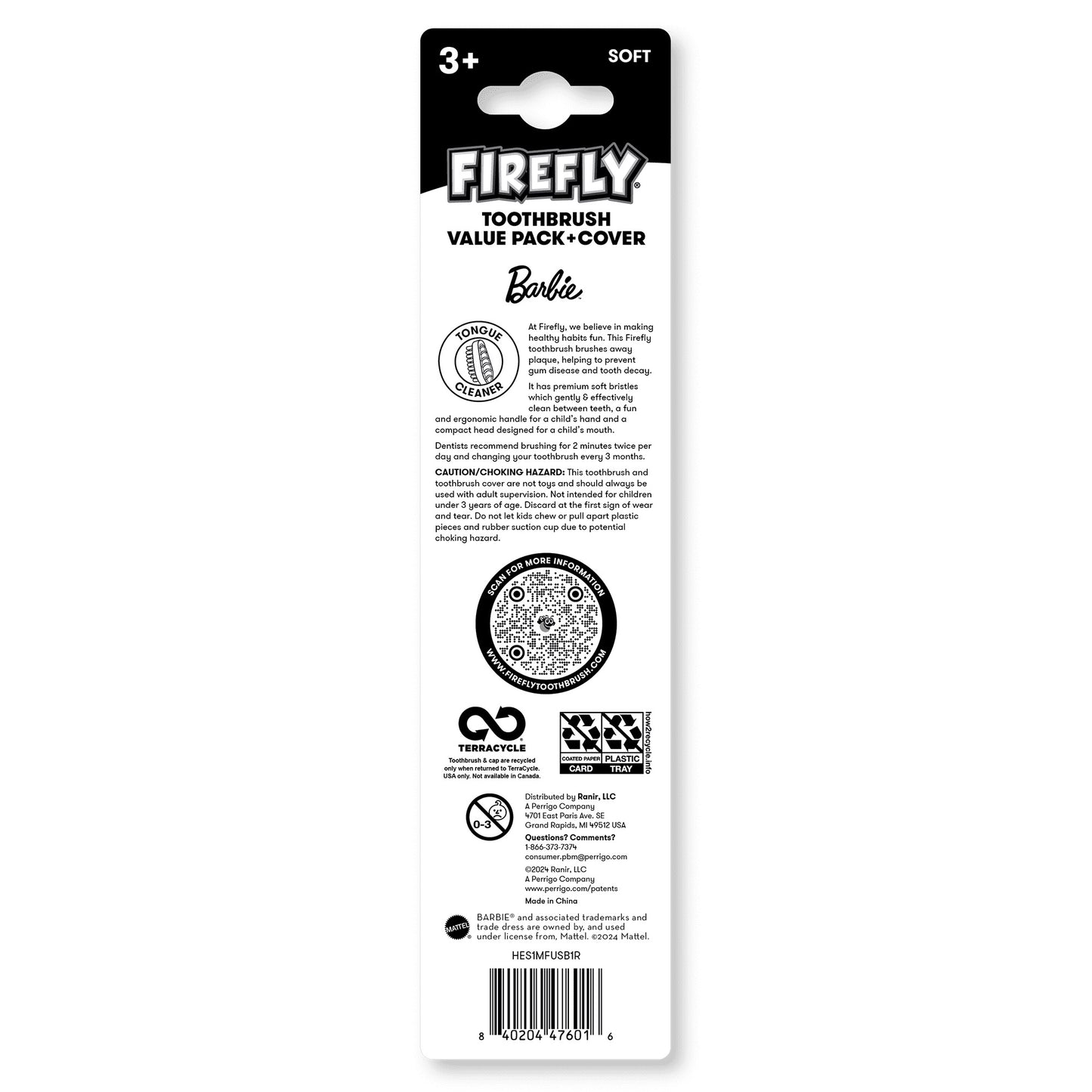 Firefly Kids Barbie Manual Toothbrush with Cover, Soft, 2 Count