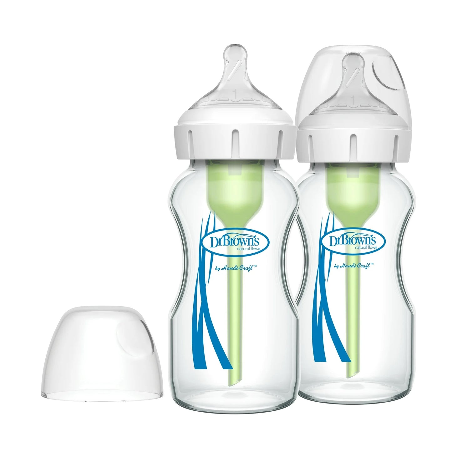 Dr. Brown's Anti-Colic Options+ Wide-Neck Glass Baby Bottle, 9 oz/270 ml, Slow Flow Nipple, BPA Free, 0m+, 2 Pack
