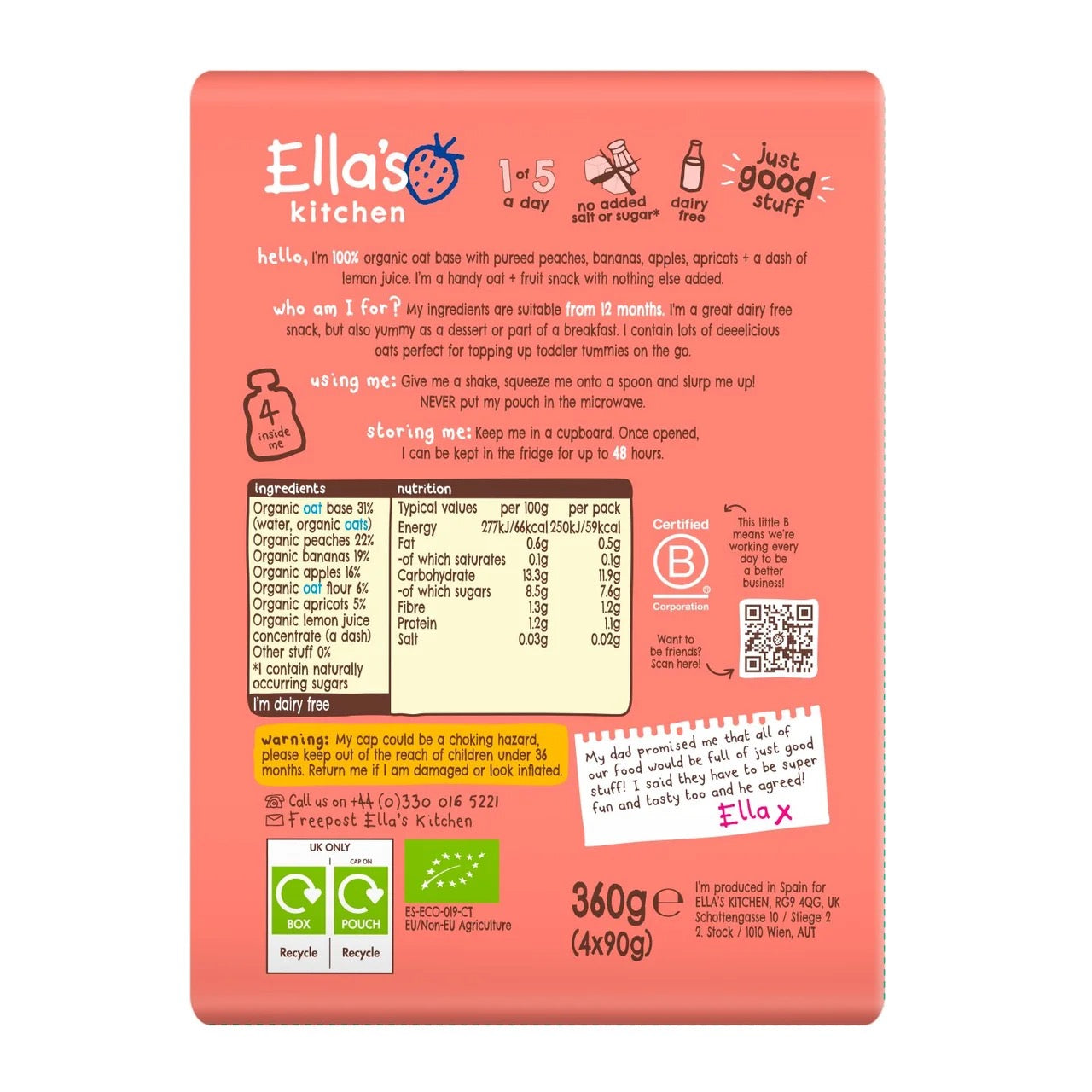 Ella's Kitchen Organic Peach & Banana Oaty Smooshy 12+ Months
