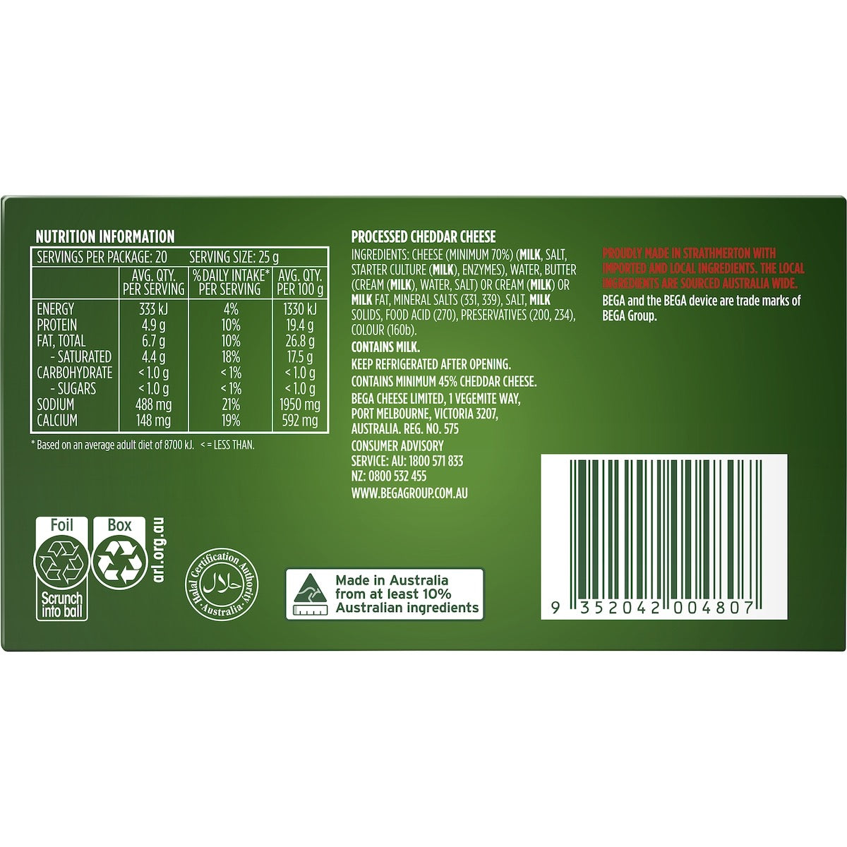 Bega Dairylea Cheddar Block 500g