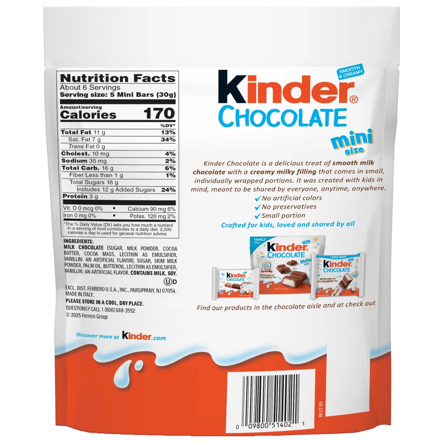 Kinder Chocolate Mini, 7.2 oz, Up to 34 Minis, Milk Chocolate Bar with Creamy Milky Filling, Individually Wrapped Candy Share Pack
