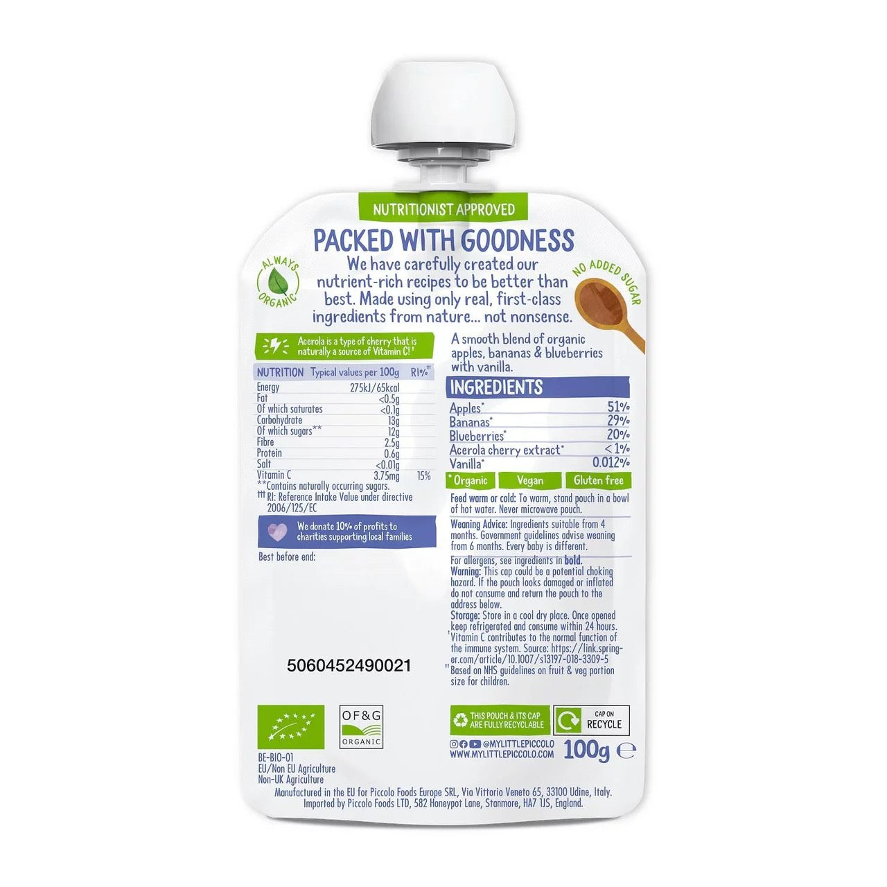 Piccolo Organic Apple, Banana & Blueberry with Hint of Vanilla 100g