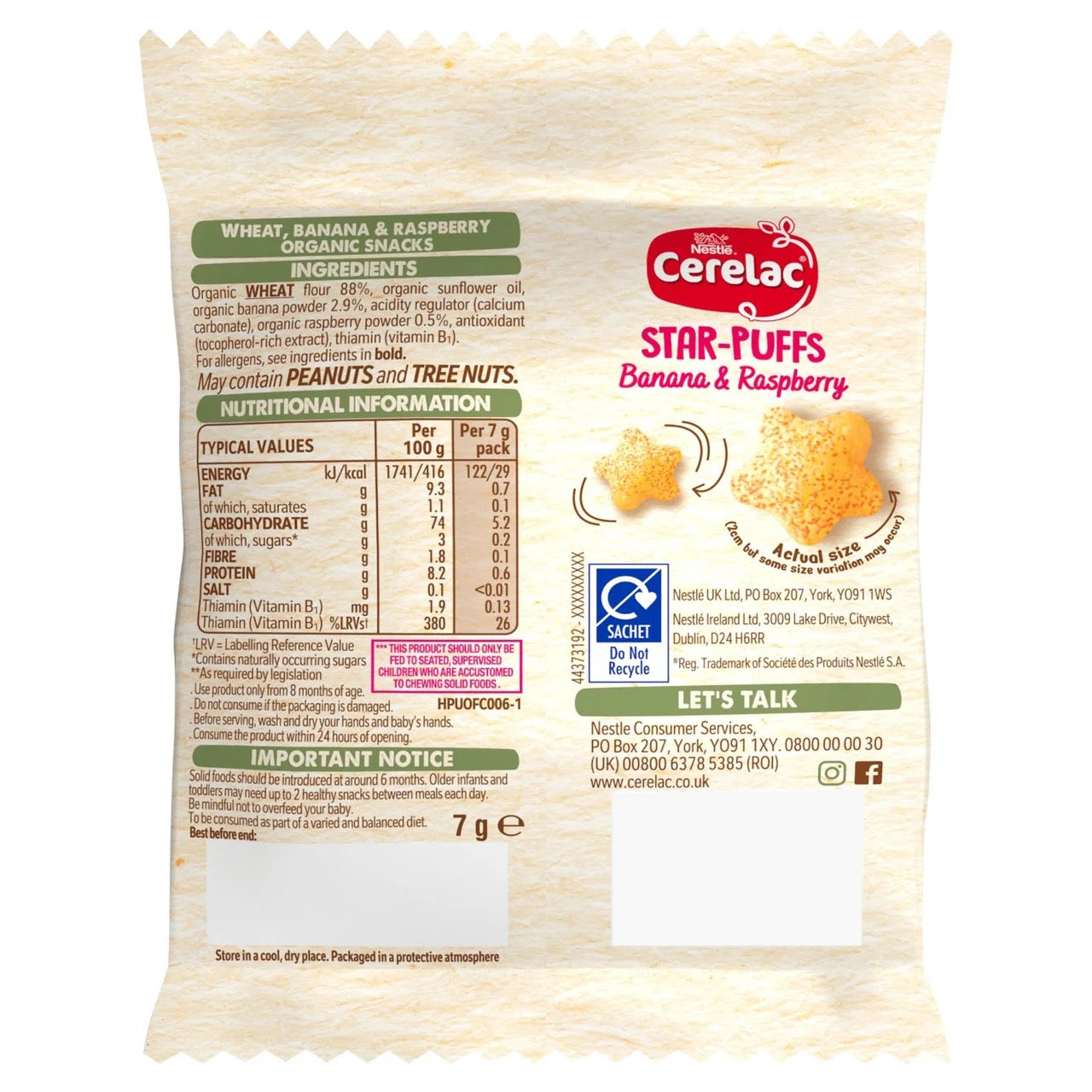 Nestle Cerelac Banana & Raspberry Star-Puffs 8+ Months 7g