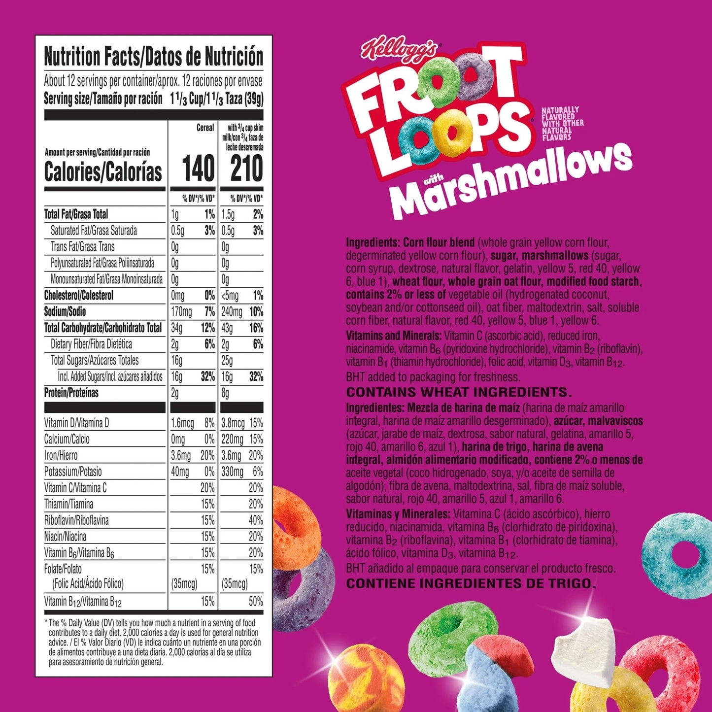 Kellogg's Froot Loops with Marshmallows Breakfast Cereal, 12g Whole Grain, Family Size, 16.2 oz