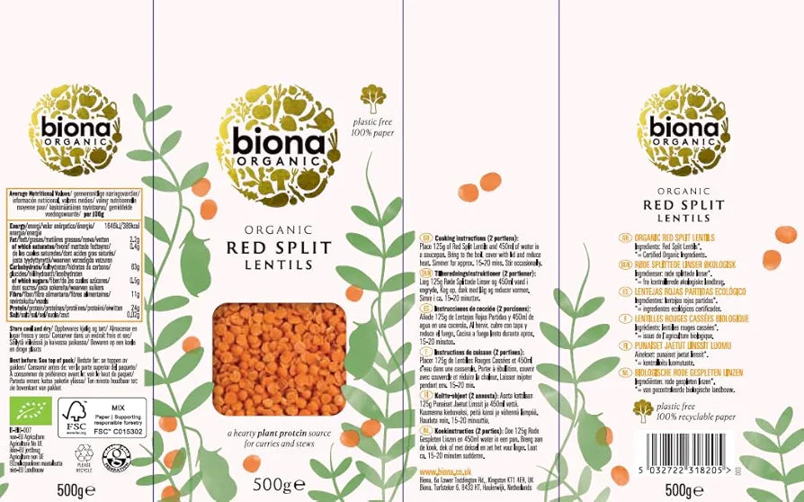 Biona Organic Red Split Lentils 500g