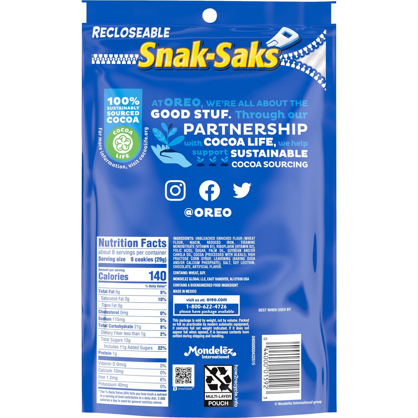 OREO Mini Chocolate Sandwich Cookies, Snack Pack, 8 oz Snak-Sak