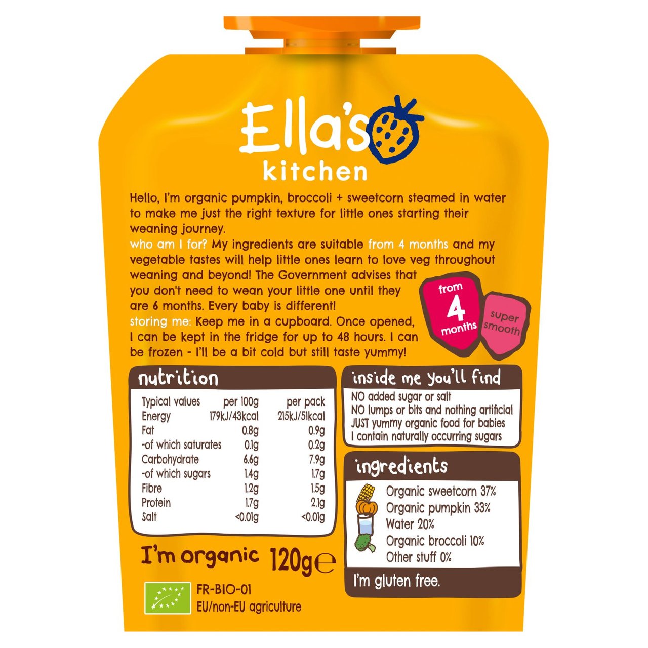 Ella's Kitchen Pumpkin, Broccoli & Sweetcorn Organic Puree Pouch, 4 mths+ 120g