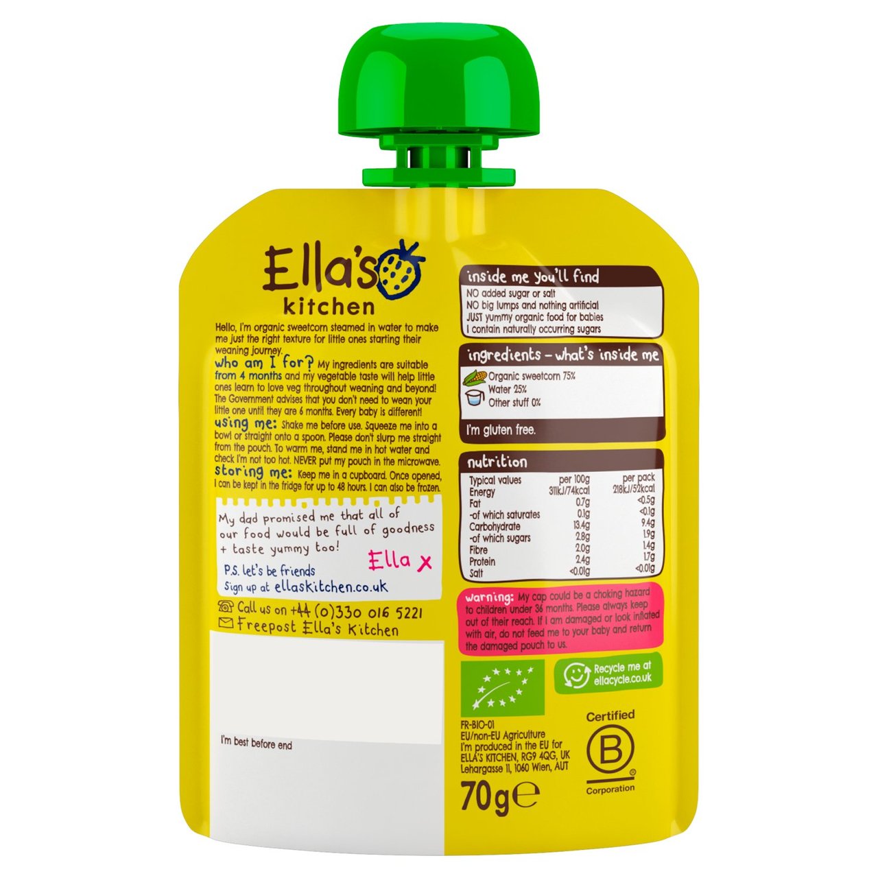 Ella's Kitchen Sweetcorn Organic First Taste Pouch, 4 mths+ 70g