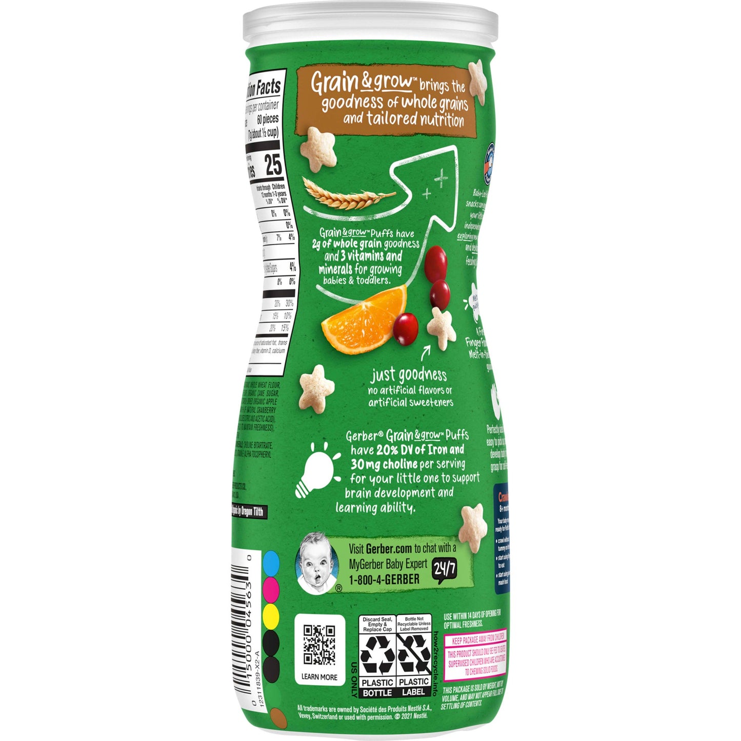 Gerber 2nd Foods Organic for Baby Grain & Grow Puffs, Cranberry Orange, 1.48 oz Canister