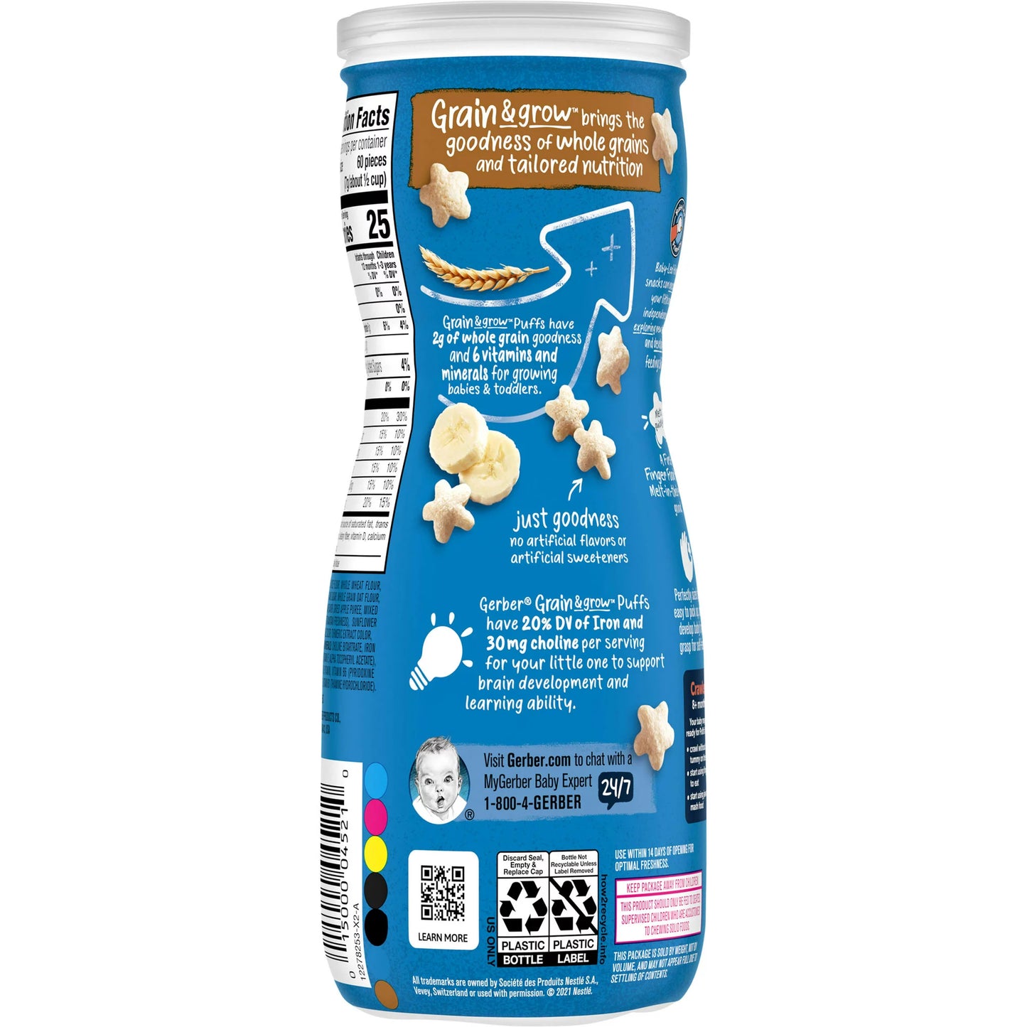 Gerber Snacks for Baby Grain & Grow Puffs, Banana, 1.48 oz Canister