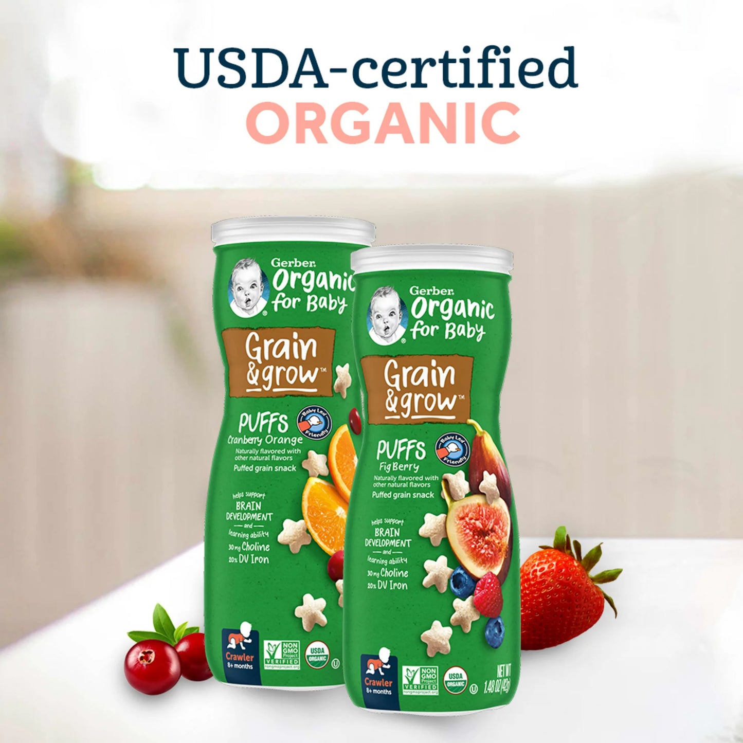 Gerber 2nd Foods Organic for Baby Grain & Grow Puffs, Cranberry Orange, 1.48 oz Canister
