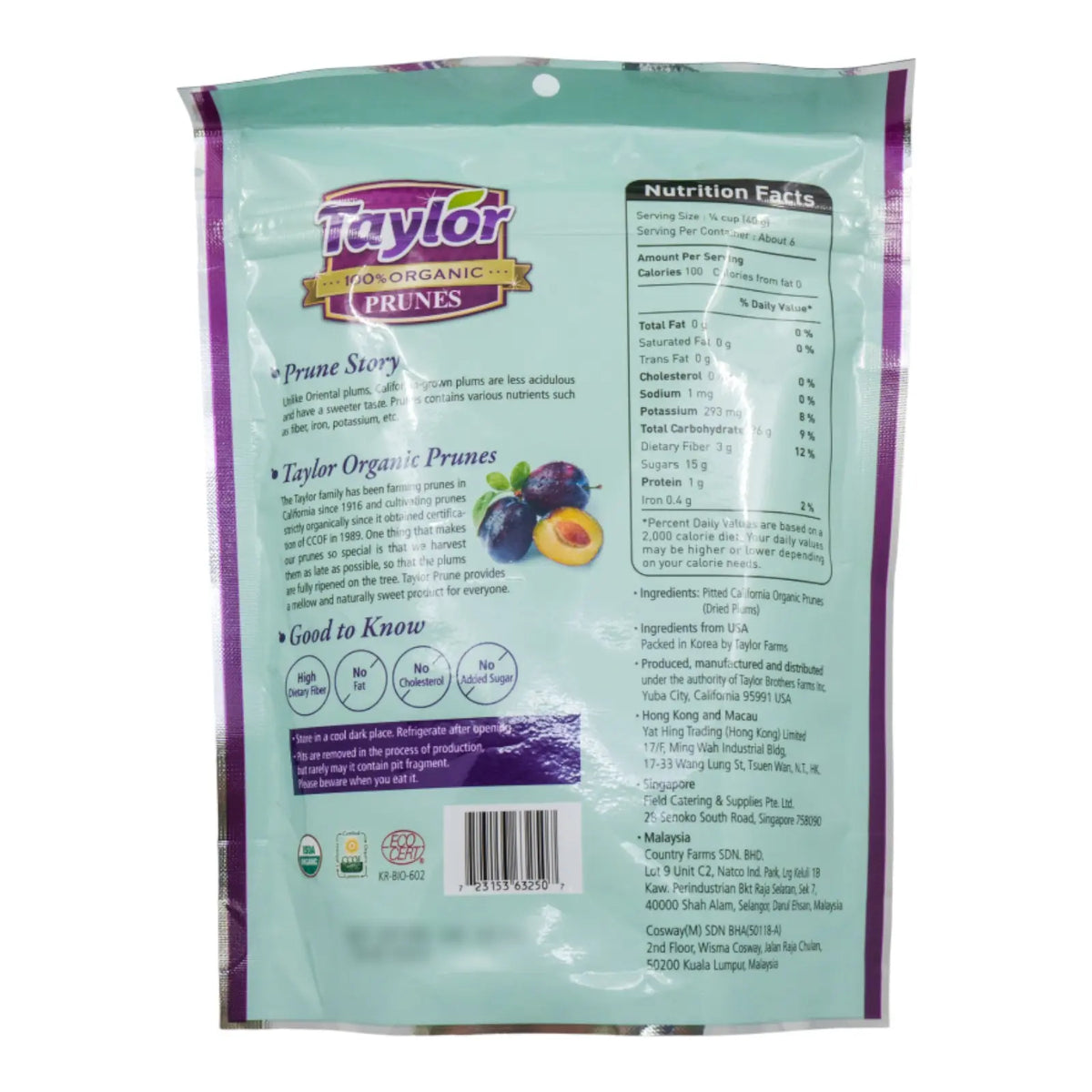 Taylor Organic Prunes Fruit Snacks 250g