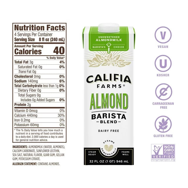 Califia Farms Unsweetened Almond Barista Blend Almond Milk 32 Fluid Ounces
