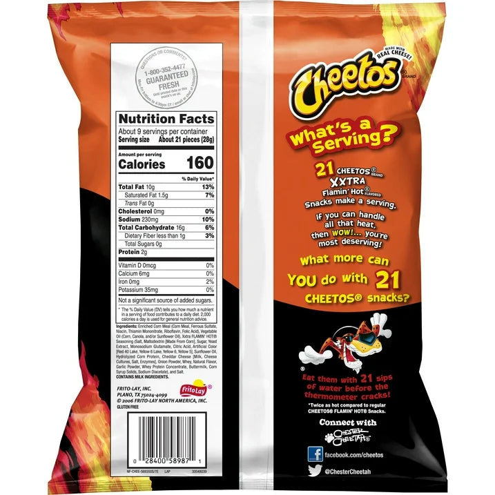 Cheetos Crunchy XXTRA Flamin' Hot Cheese Flavored Snack Chips, 8.5 oz Bag