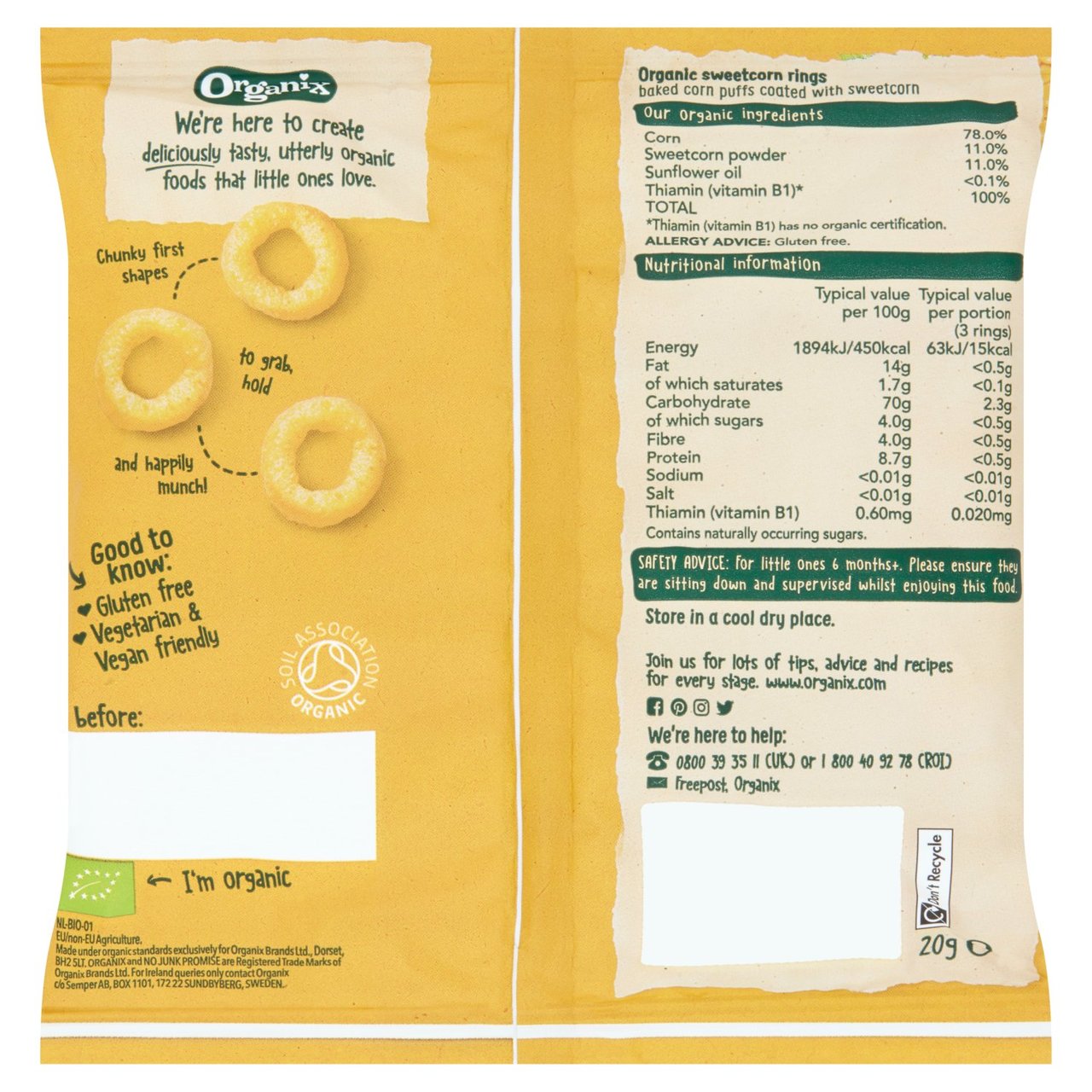 Organix Melty Sweetcorn Organic Rings Baby Snack 6 months+ 20g