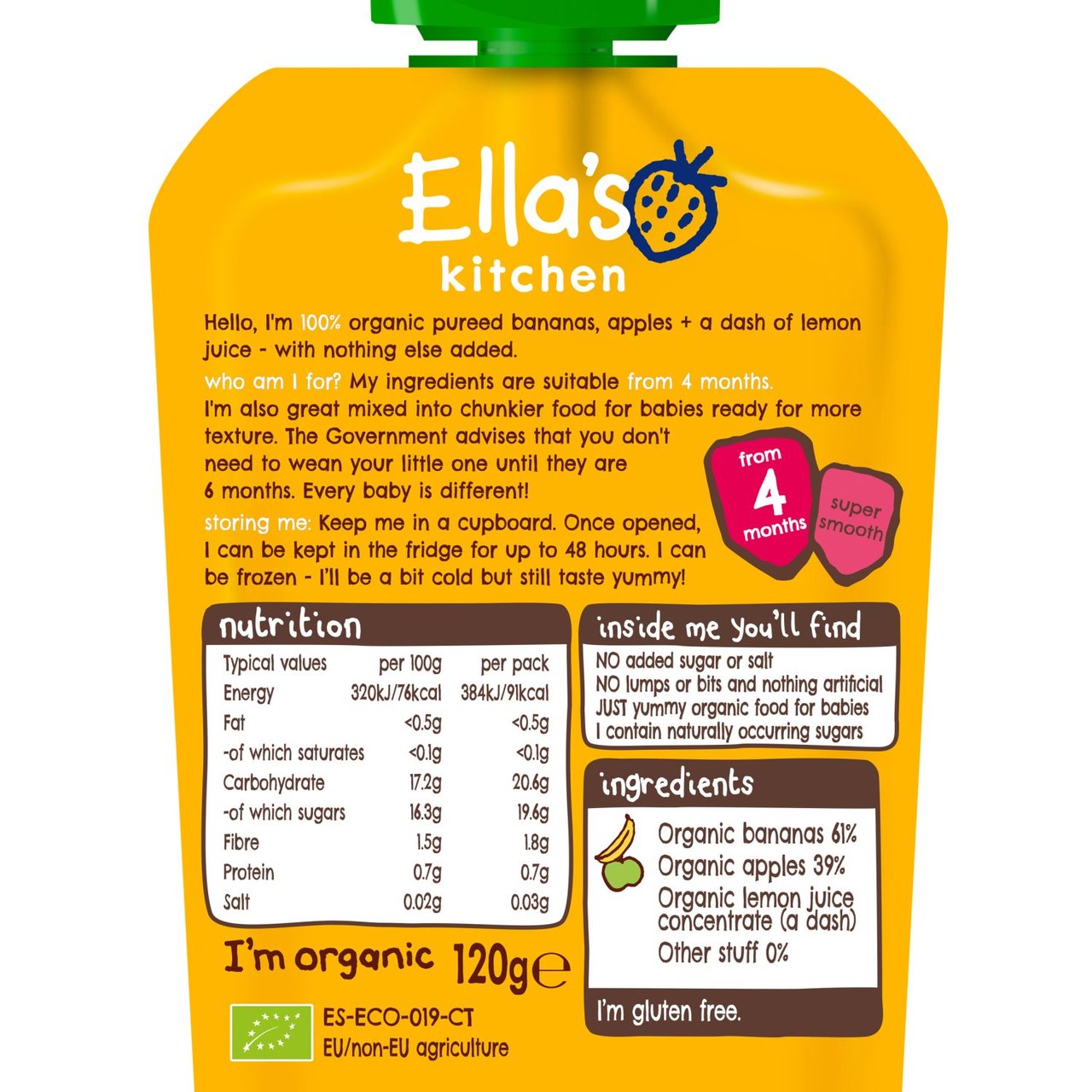 Ella's Kitchen Bananas and Apples Organic Puree Pouch, 4 mths+ 120g