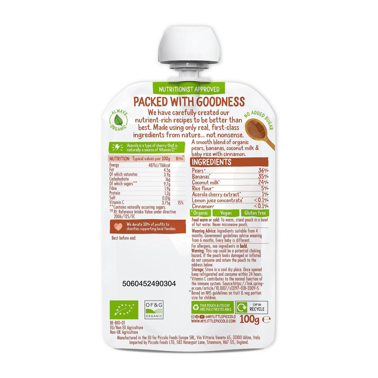 Piccolo Pear, Banana, Coconut Milk & Baby Rice Organic Pouch, 4 mths+ 100g