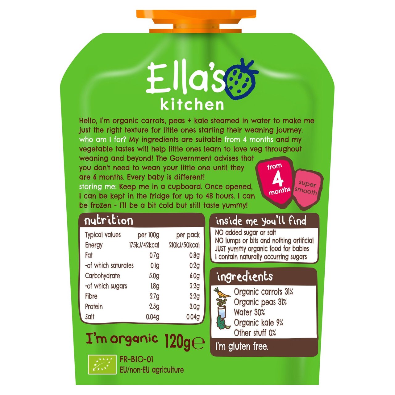 Ella's Kitchen Carrots, Peas & Kale Organic Puree Pouch, 4 mths+ 120g