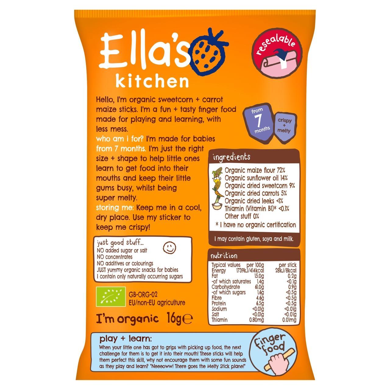 Ella's Kitchen Sweetcorn & Carrot Melty Sticks Baby Snack 7+ Months 16g