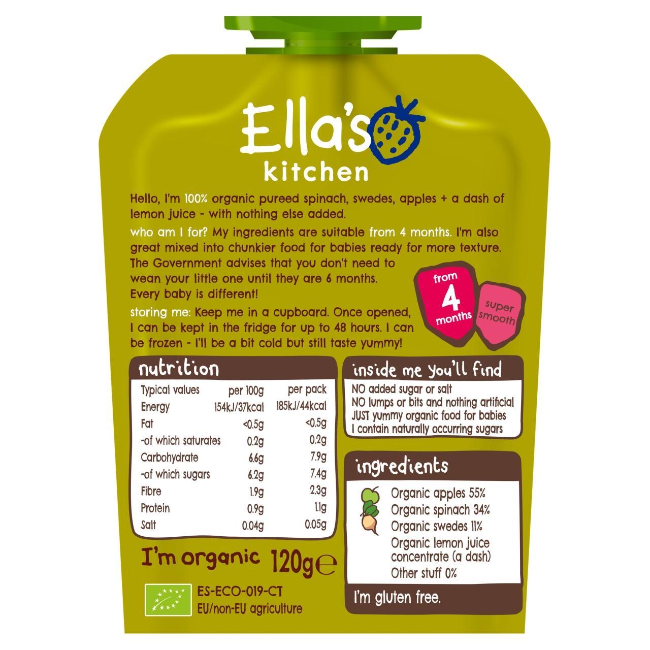 Ella's Kitchen Spinach, Apples & Swedes Organic Puree Pouch, 4 mths+ 120g