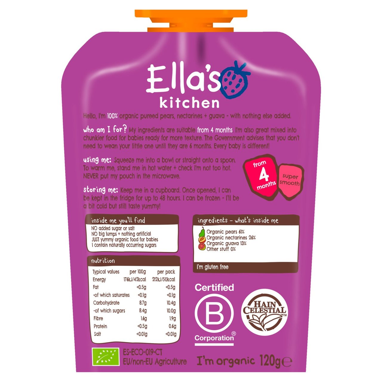 Ella's Kitchen Pears, Nectarines & Guavas Organic Puree Pouch, 4 mths+ 120g