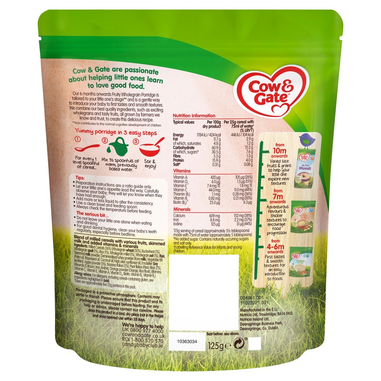 Cow & Gate Fruity Wholegrain Porridge, 6 mths+ 125g