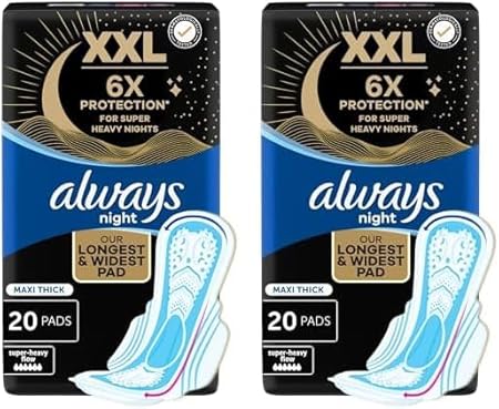 Always XXL Night Pads, 6x Protection for Super Heavy Nights, Maxi Thick, 20 Pads