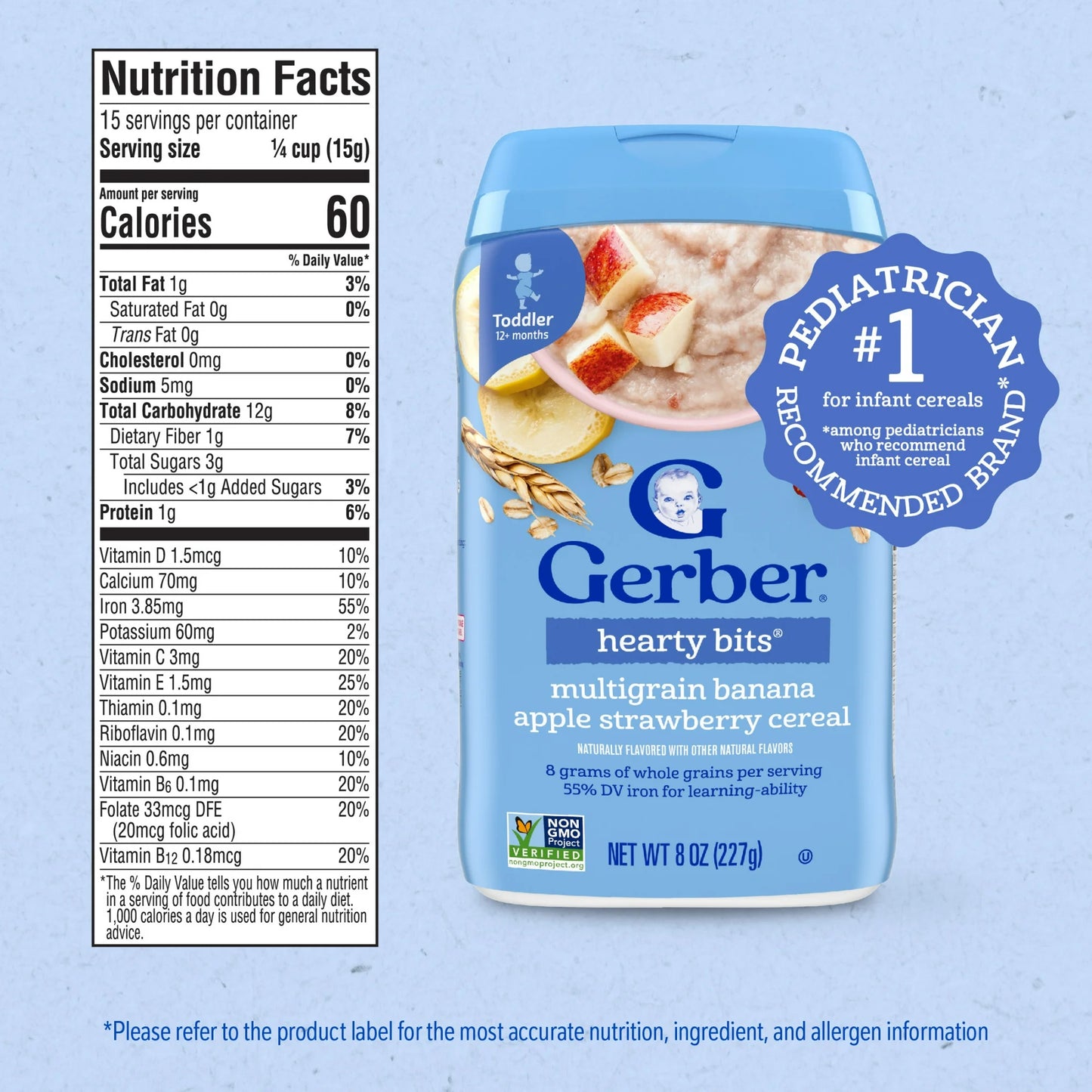 Gerber Cereal for Toddler Grain & Grow, Hearty Bits Multigrain Baby Cereal, Banana Apple Strawberry, 8 oz Canister