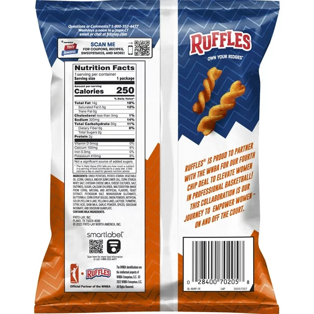 Ruffles Potato Chips Ridge Twists Double Cheddar Snack Chips, 1.75 oz Bag