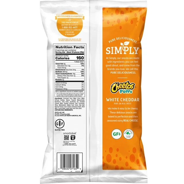 Simply Cheetos Puffs Cheese Flavored Snacks, White Cheddar, 8 Oz