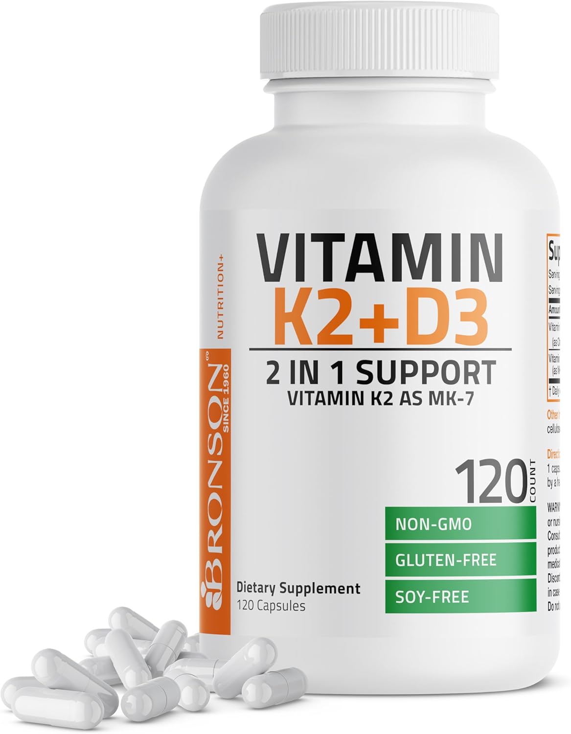 Bronson Vitamin K2 (MK7) with D3 Supplement Bone and Heart Health Non GMO & Gluten Free Formula - Easy to Swallow, 60 Capsules
