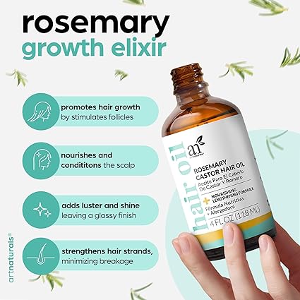 Artnaturals Organic Rosemary Castor Hair Oil + Scalp Massager 118ml ounces with Coconut & Olive Oil for Dry, Damaged & Split End
