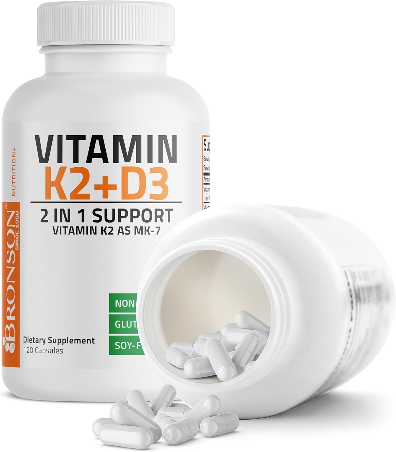Bronson Vitamin K2 (MK7) with D3 Supplement Bone and Heart Health Non GMO & Gluten Free Formula - Easy to Swallow, 60 Capsules