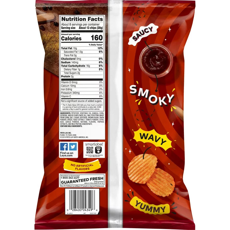 Lay's Wavy Potato Chips, Hickory BBQ Flavor, 7.5 oz Bag