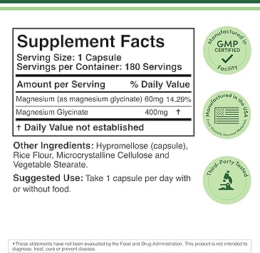 Magnesium Glycinate 400mg - 180 Veggie Capsules