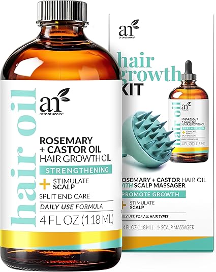Artnaturals Organic Rosemary Castor Hair Oil + Scalp Massager 118ml ounces with Coconut & Olive Oil for Dry, Damaged & Split End