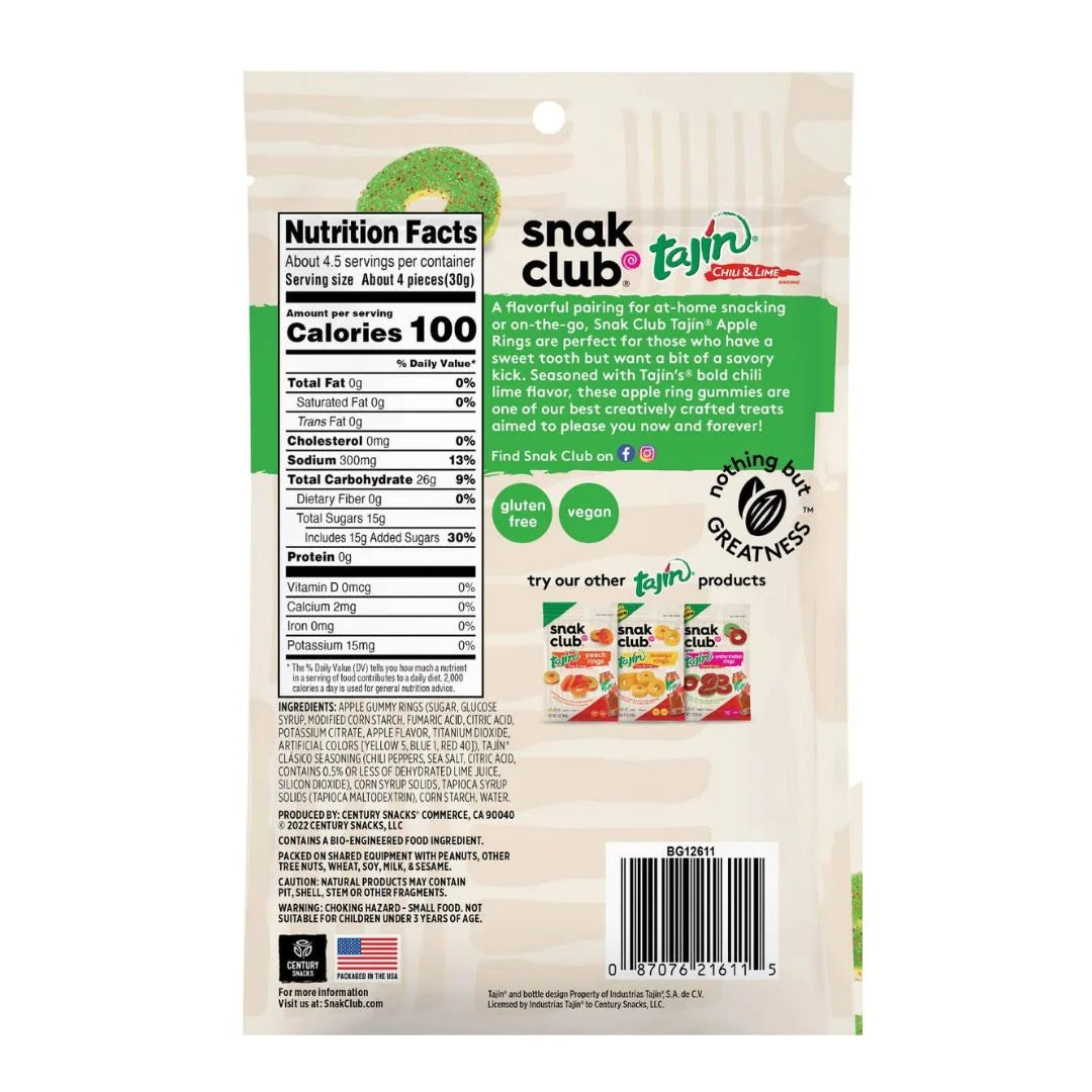 Snak Club Tajin Apple Rings, Chili & Lime Seasoned, 5 oz