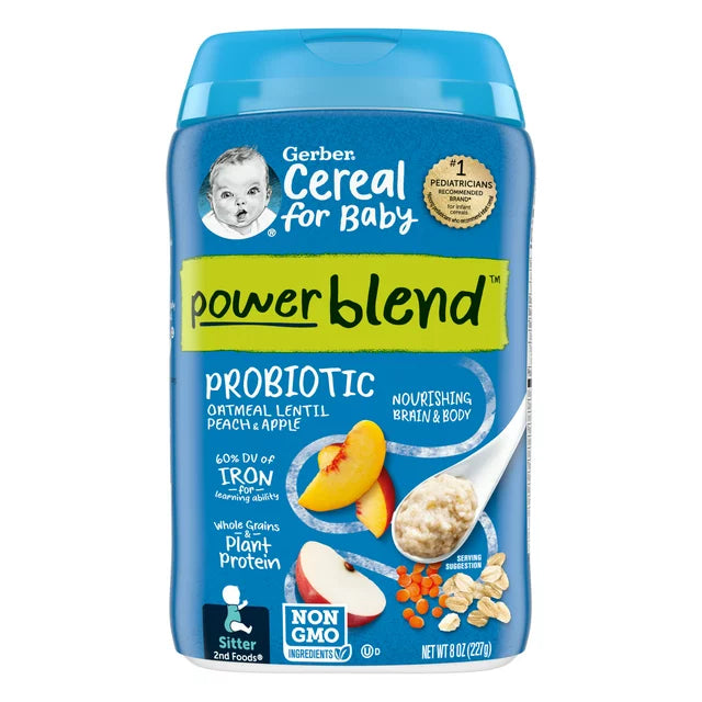 Gerber Cereal for Baby Power Blend 2nd Foods Probiotic Oatmeal Baby Cereal, Peach Apple, 8 oz Canister