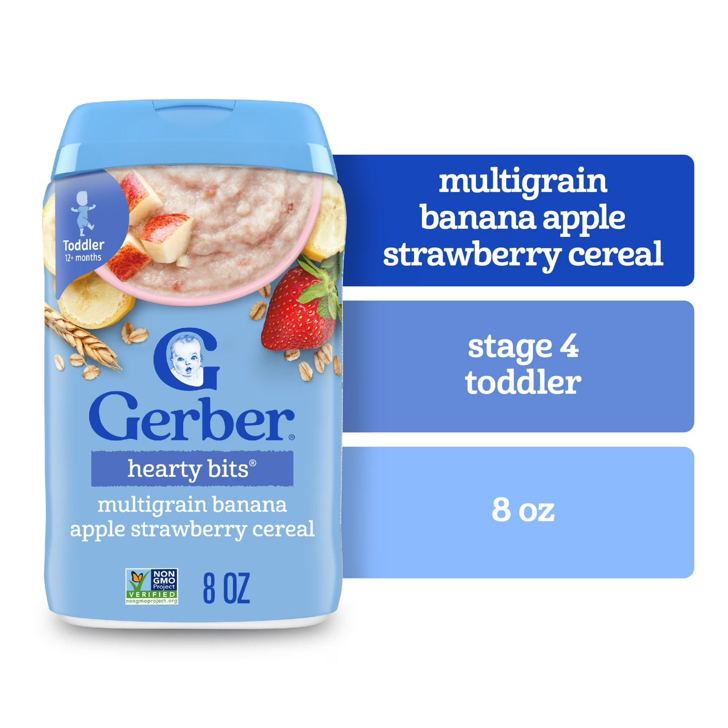 Gerber Cereal for Toddler Grain & Grow, Hearty Bits Multigrain Baby Cereal, Banana Apple Strawberry, 8 oz Canister