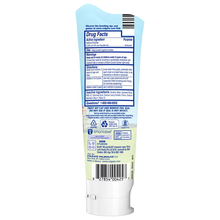 Colgate Bluey Kids Toothpaste with Fluoride, Kids Cavity Protection Toothpaste, Mild Bubble Fruit Flavor, 4.6 Oz Tube