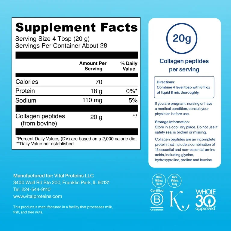 Vital Proteins Collagen Peptides Powder Supplement for Hair, Skin, and Nails, Unflavored, 20 oz