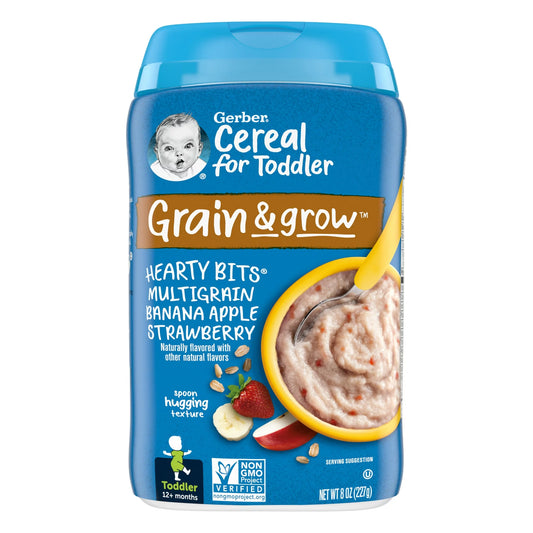 Gerber Cereal for Toddler Grain & Grow, Hearty Bits Multigrain Baby Cereal, Banana Apple Strawberry, 8 oz Canister